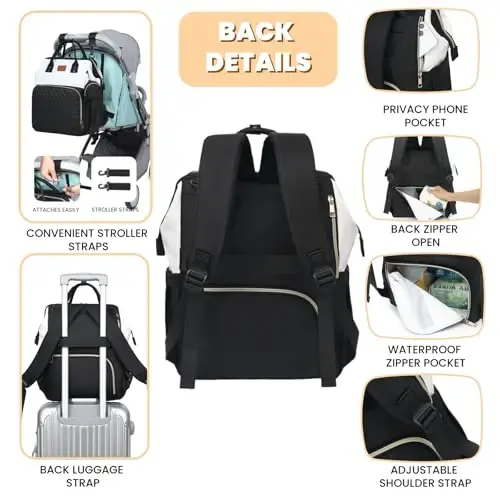 ROSEGIN Baby Diaper Bag Backpack with Changing Pad, Pacifier Case, for Boy Girl Toddler - Large, Stylish, Waterproof Travel Quilted Diaper Bag for Mom - Black/White - 4