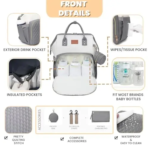 ROSEGIN Baby Diaper Bag Backpack with Changing Pad, Pacifier Case, for Boy Girl Toddler - Large, Stylish, Waterproof Travel Quilted Diaper Bag for Mom - Gray/White - 3