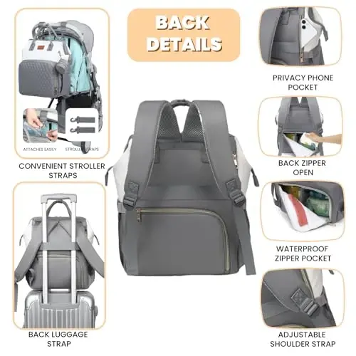 ROSEGIN Baby Diaper Bag Backpack with Changing Pad, Pacifier Case, for Boy Girl Toddler - Large, Stylish, Waterproof Travel Quilted Diaper Bag for Mom - Gray/White - 4