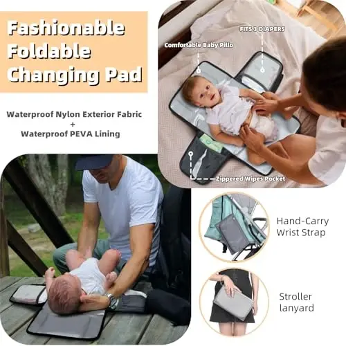 ROSEGIN Baby Diaper Bag Backpack with Changing Pad, Pacifier Case, for Boy Girl Toddler - Large, Stylish, Waterproof Travel Quilted Diaper Bag for Mom - Gray/White - 5