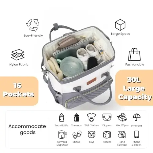 ROSEGIN Baby Diaper Bag Backpack with Changing Pad, Pacifier Case, for Boy Girl Toddler - Large, Stylish, Waterproof Travel Quilted Diaper Bag for Mom - Gray/White - 2