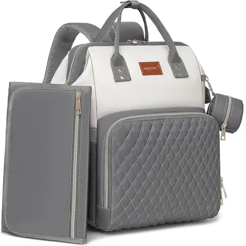 ROSEGIN Baby Diaper Bag Backpack with Changing Pad, Pacifier Case, for Boy Girl Toddler - Large, Stylish, Waterproof Travel Quilted Diaper Bag for Mom - Gray/White - 1