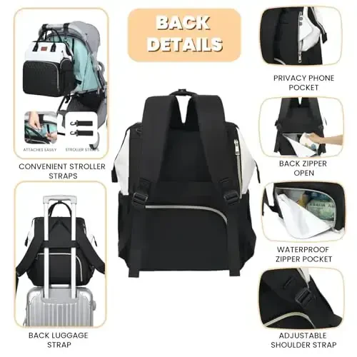 ROSEGIN Baby Diaper Bag Backpack with Changing Pad, Pacifier Case, for Boy Girl Toddler - Large, Stylish, Waterproof Travel Quilted Diaper Bag for Mom - Black/White - 4