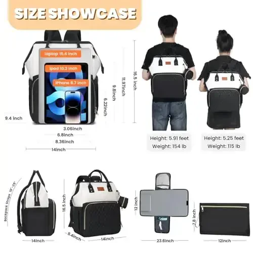 ROSEGIN Baby Diaper Bag Backpack with Changing Pad, Pacifier Case, for Boy Girl Toddler - Large, Stylish, Waterproof Travel Quilted Diaper Bag for Mom - Black/White - 6