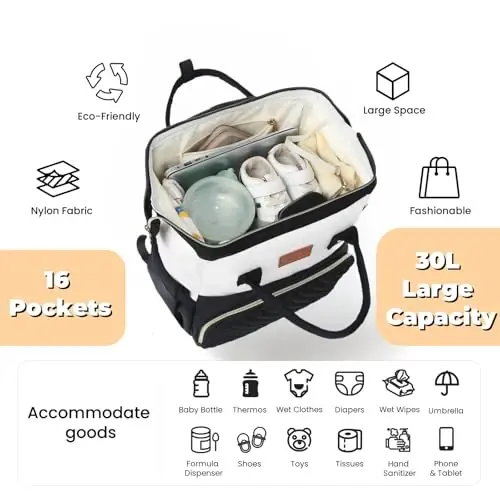ROSEGIN Baby Diaper Bag Backpack with Changing Pad, Pacifier Case, for Boy Girl Toddler - Large, Stylish, Waterproof Travel Quilted Diaper Bag for Mom - Black/White - 2