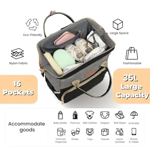 ROSEGIN Diaper Bag Backpack with Changing Pad, Pacifier Case, Baby Bag for Boy Girl Toddler - Large, Stylish, Waterproof Travel Quilted Diaper Bag for Mom - Baby Shower - Black Grey - 2