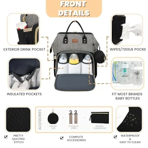 ROSEGIN Diaper Bag Backpack with Changing Pad, Pacifier Case, Baby Bag for Boy Girl Toddler - Large, Stylish, Waterproof Travel Quilted Diaper Bag for Mom - Baby Shower - Black Grey - 3