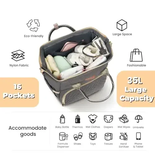 ROSEGIN Baby Diaper Bag Backpack with Changing Pad, Pacifier Case, for Boy Girl Toddler - Large, Stylish, Waterproof Travel Quilted Diaper Bag for Mom - Baby Shower Gifts - Grey - ROSEGIN (1)