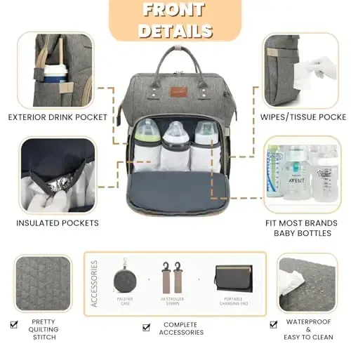 ROSEGIN Baby Diaper Bag Backpack with Changing Pad, Pacifier Case, for Boy Girl Toddler - Large, Stylish, Waterproof Travel Quilted Diaper Bag for Mom - Baby Shower Gifts - Grey - 3