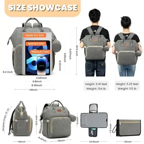 ROSEGIN Baby Diaper Bag Backpack with Changing Pad, Pacifier Case, for Boy Girl Toddler - Large, Stylish, Waterproof Travel Quilted Diaper Bag for Mom - Baby Shower Gifts - Grey - 6