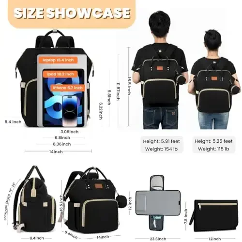 ROSEGIN Diaper Bag Backpack with Changing Pad Pacifier Case, Baby Bag for Boy Girl Toddler - Large,Stylish, Waterproof Travel Quilted Diaper Bag for Mom - Baby Shower Gifts, Black - 5