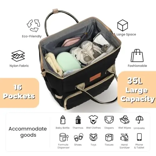 ROSEGIN Diaper Bag Backpack with Changing Pad Pacifier Case, Baby Bag for Boy Girl Toddler - Large,Stylish, Waterproof Travel Quilted Diaper Bag for Mom - Baby Shower Gifts, Black - 1