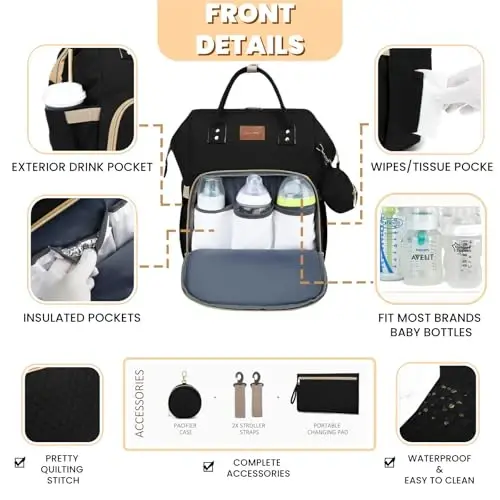 ROSEGIN Diaper Bag Backpack with Changing Pad Pacifier Case, Baby Bag for Boy Girl Toddler - Large,Stylish, Waterproof Travel Quilted Diaper Bag for Mom - Baby Shower Gifts, Black - ROSEGIN (1)