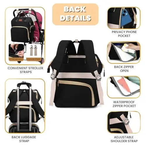 ROSEGIN Diaper Bag Backpack with Changing Pad Pacifier Case, Baby Bag for Boy Girl Toddler - Large,Stylish, Waterproof Travel Quilted Diaper Bag for Mom - Baby Shower Gifts, Black - 3