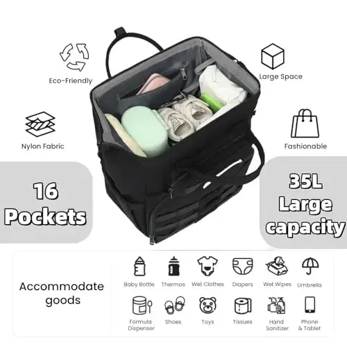 ROSEGIN Diaper Bag Backpack for Dad and Men, Large Travel Baby Bag with Changing Pad, Pacifier Case, Removable Flag Patch - Baby Shower Gifts - Shadow Black - 4