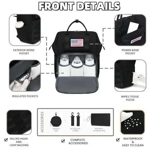 ROSEGIN Diaper Bag Backpack for Dad and Men, Large Travel Baby Bag with Changing Pad, Pacifier Case, Removable Flag Patch - Baby Shower Gifts - Shadow Black - 5