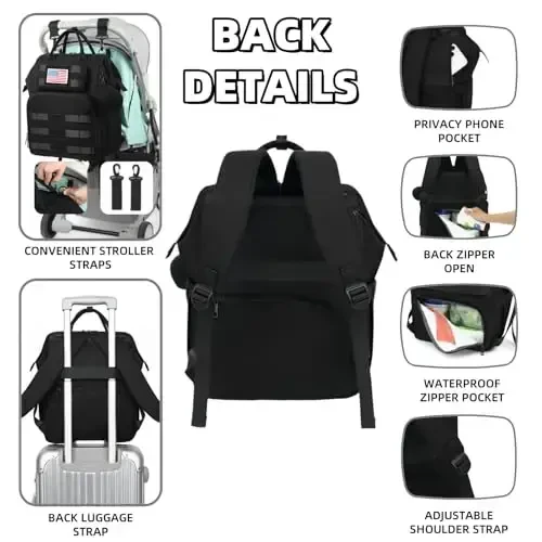 ROSEGIN Diaper Bag Backpack for Dad and Men, Large Travel Baby Bag with Changing Pad, Pacifier Case, Removable Flag Patch - Baby Shower Gifts - Shadow Black - 6