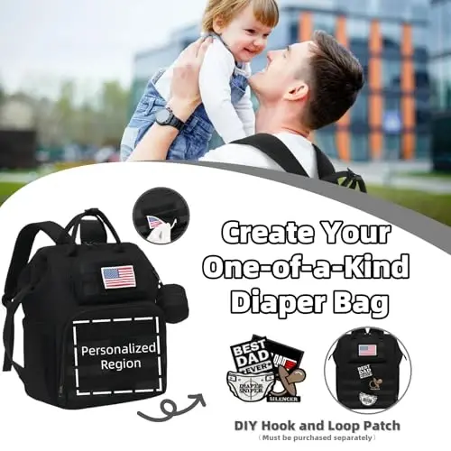 ROSEGIN Diaper Bag Backpack for Dad and Men, Large Travel Baby Bag with Changing Pad, Pacifier Case, Removable Flag Patch - Baby Shower Gifts - Shadow Black - 2