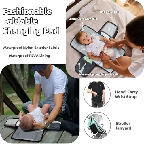 ROSEGIN Diaper Bag Backpack for Dad and Men, Large Travel Baby Bag with Changing Pad, Pacifier Case, Removable Flag Patch - Baby Shower Gifts - Shadow Black - 3