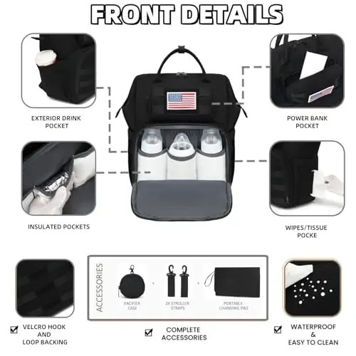 ROSEGIN Diaper Bag Backpack for Dad and Men, Large Travel Baby Bag with Changing Pad, Pacifier Case, Removable Flag Patch - Baby Shower Gifts - Shadow Black - 5