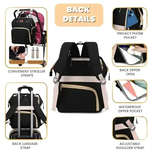 ROSEGIN Diaper Bag Backpack with Changing Pad Pacifier Case, Baby Bag for Boy Girl Toddler - Large, Stylish, Waterproof Travel Diaper Bag for Mom - Baby Shower Gifts - Black - 3