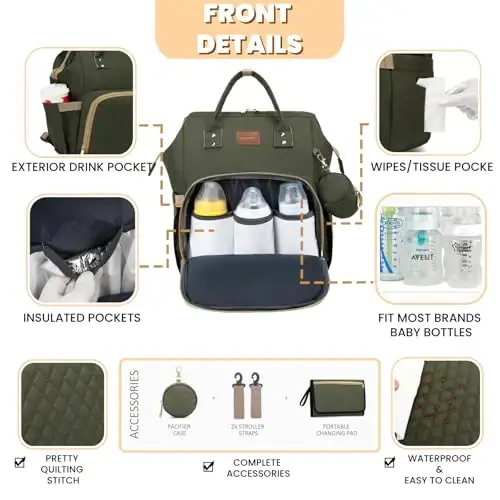 ROSEGIN Diaper Bag Backpack with Changing Pad, Pacifier Case, Baby Bag for Boy Girl Toddler - Large, Stylish, Waterproof Travel Quilted Diaper Bag for Mom - Baby Shower - Army Green - 3