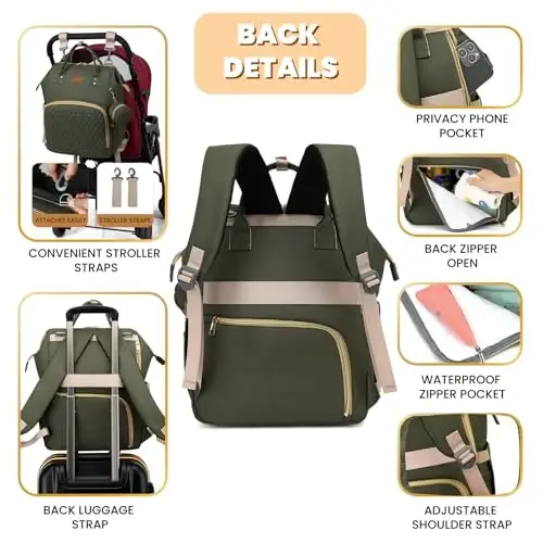 ROSEGIN Diaper Bag Backpack with Changing Pad, Pacifier Case, Baby Bag for Boy Girl Toddler - Large, Stylish, Waterproof Travel Quilted Diaper Bag for Mom - Baby Shower - Army Green - 4