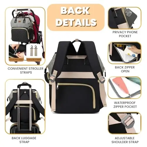 ROSEGIN Diaper Bag Backpack with Changing Pad, Pacifier Case, Baby Bag for Boy Girl Toddler - Large, Stylish, Waterproof Travel Quilted Diaper Bag for Mom - Baby Shower - Black Grey - 4