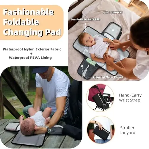 ROSEGIN Diaper Bag Backpack with Changing Pad, Pacifier Case, Baby Bag for Boy Girl Toddler - Large, Stylish, Waterproof Travel Quilted Diaper Bag for Mom - Baby Shower - Black Grey - 5