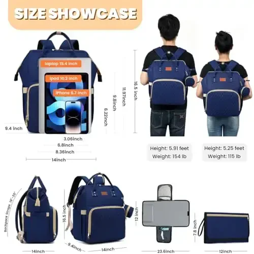 ROSEGIN Diaper Bag Backpack with Changing Pad, Pacifier Case, Baby Bag for Boy Girl Toddler - Large, Stylish, Waterproof Travel Quilted Diaper Bag for Mom - Baby Shower - Navy Blue - 6