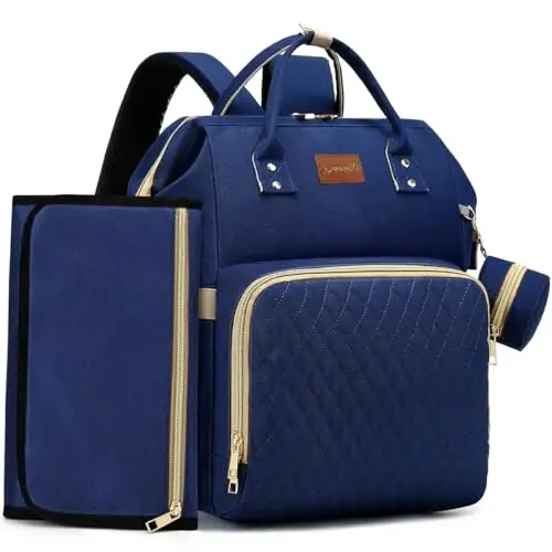 ROSEGIN Diaper Bag Backpack with Changing Pad, Pacifier Case, Baby Bag for Boy Girl Toddler - Large, Stylish, Waterproof Travel Quilted Diaper Bag for Mom - Baby Shower - Navy Blue - ROSEGIN