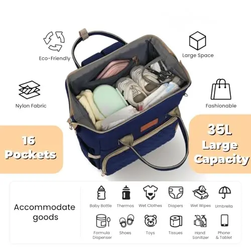 ROSEGIN Diaper Bag Backpack with Changing Pad, Pacifier Case, Baby Bag for Boy Girl Toddler - Large, Stylish, Waterproof Travel Quilted Diaper Bag for Mom - Baby Shower - Navy Blue - 2
