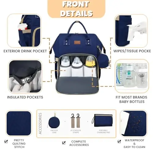 ROSEGIN Diaper Bag Backpack with Changing Pad, Pacifier Case, Baby Bag for Boy Girl Toddler - Large, Stylish, Waterproof Travel Quilted Diaper Bag for Mom - Baby Shower - Navy Blue - 3