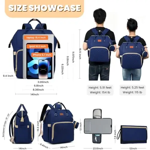 ROSEGIN Diaper Bag Backpack with Changing Pad, Pacifier Case, Baby Bag for Boy Girl Toddler - Large, Stylish, Waterproof Travel Quilted Diaper Bag for Mom - Baby Shower - Navy Blue - 6