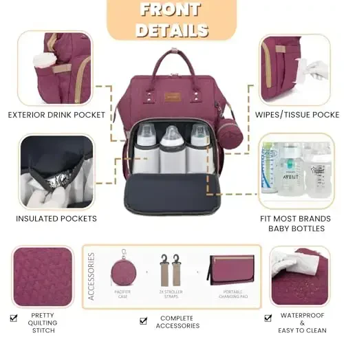 ROSEGIN Diaper Bag Backpack with Changing Pad, Pacifier Case, Baby Bag for Boy Girl Toddler - Large, Stylish, Waterproof Travel Quilted Diaper Bag for Mom - Baby Shower - Purple - 3