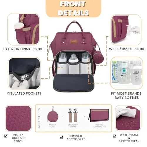 ROSEGIN Diaper Bag Backpack with Changing Pad, Pacifier Case, Baby Bag for Boy Girl Toddler - Large, Stylish, Waterproof Travel Quilted Diaper Bag for Mom - Baby Shower - Purple - 3