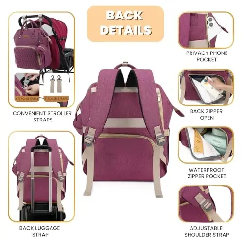 ROSEGIN Diaper Bag Backpack with Changing Pad, Pacifier Case, Baby Bag for Boy Girl Toddler - Large, Stylish, Waterproof Travel Quilted Diaper Bag for Mom - Baby Shower - Purple - 4