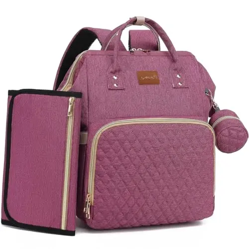 ROSEGIN Diaper Bag Backpack with Changing Pad, Pacifier Case, Baby Bag for Boy Girl Toddler - Large, Stylish, Waterproof Travel Quilted Diaper Bag for Mom - Baby Shower - Purple 