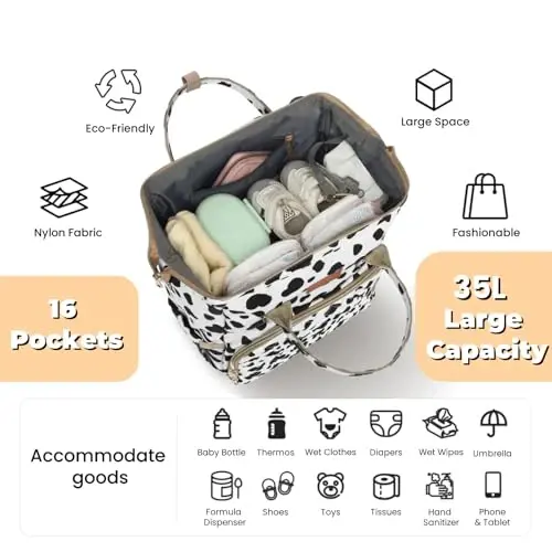 ROSEGIN Diaper Bag Backpack with Changing Pad, Pacifier Case, Baby Bag for Boy Girl Toddler - Large, Stylish, Waterproof Travel Quilted Diaper Bag for Mom - Baby Shower Registry - Cow - 2