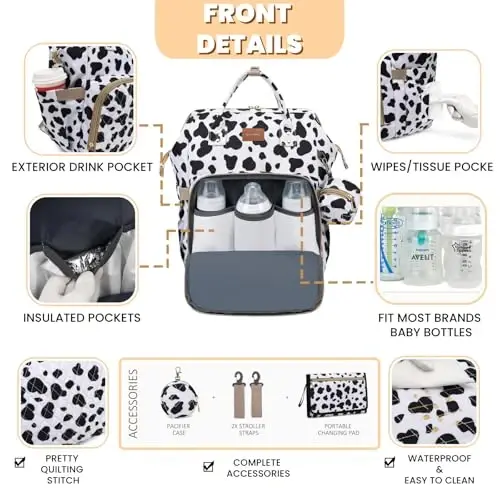 ROSEGIN Diaper Bag Backpack with Changing Pad, Pacifier Case, Baby Bag for Boy Girl Toddler - Large, Stylish, Waterproof Travel Quilted Diaper Bag for Mom - Baby Shower Registry - Cow - 3
