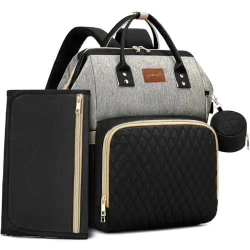 ROSEGIN памперс сумкаси, смена майдончаси билан, сўрғич ғилофи, ўғил болалар ва қиз болалар учун болалар сумкаси - катта, замонавий, сув ўтказмайдиган саёҳат учун дўппи сумка - она учун - болалар учун душ - қора кулранг - 1