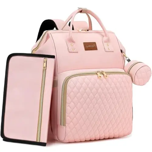 ROSEGIN Pink Diaper Bag Backpack for Baby Girls - Baby Shower Gifts for Mom, Quilted Diaper Bag with Changing Pad, Pacifier Case, Insulated Pockets, Stroller Straps, 35L Large Capacity - Cute - 1