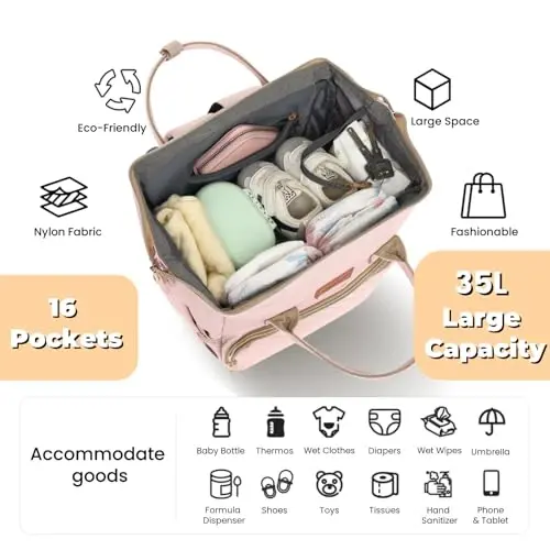 ROSEGIN Pink Diaper Bag Backpack for Baby Girls - Baby Shower Gifts for Mom, Quilted Diaper Bag with Changing Pad, Pacifier Case, Insulated Pockets, Stroller Straps, 35L Large Capacity - Cute - ROSEGIN (1)