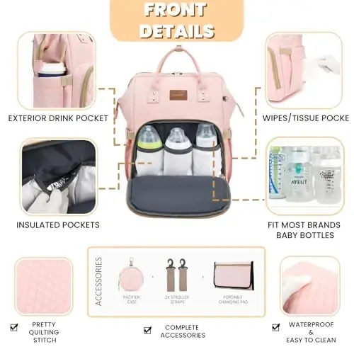 ROSEGIN Pink Diaper Bag Backpack for Baby Girls - Baby Shower Gifts for Mom, Quilted Diaper Bag with Changing Pad, Pacifier Case, Insulated Pockets, Stroller Straps, 35L Large Capacity - Cute - 3
