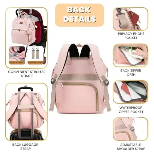 ROSEGIN Pink Diaper Bag Backpack for Baby Girls - Baby Shower Gifts for Mom, Quilted Diaper Bag with Changing Pad, Pacifier Case, Insulated Pockets, Stroller Straps, 35L Large Capacity - Cute - 4