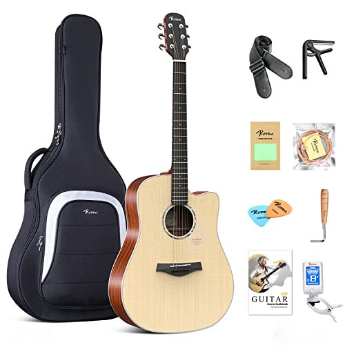 Rosen N10 Akustik Gitar Acemi Yetişkinler İçin Full Size Dreadnought Masif Ladin Üst Acustica Guitarra Paketi Gig Çantası Tuner Kayış Telleri Capo Telleri Temizlik Bezi, Doğal - 1