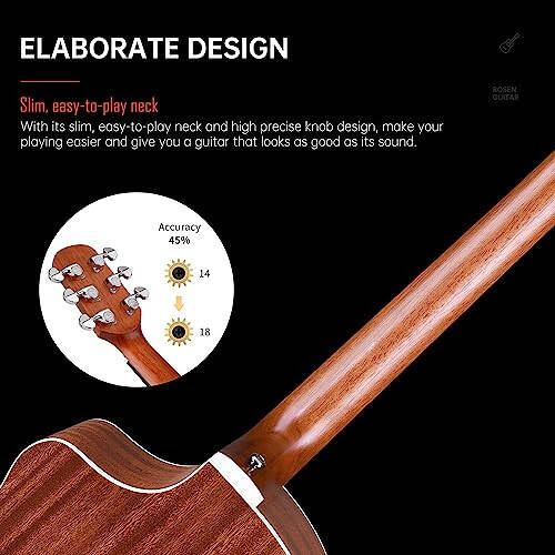 Rosen N10 Akustik Gitar Acemi Yetişkinler İçin Full Size Dreadnought Masif Ladin Üst Acustica Guitarra Paketi Gig Çantası Tuner Kayış Telleri Capo Telleri Temizlik Bezi, Doğal - 4