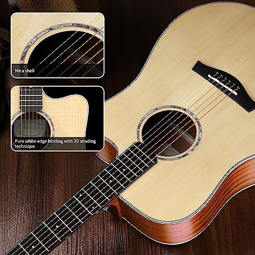 Rosen N10 Akustik Gitar Acemi Yetişkinler İçin Full Size Dreadnought Masif Ladin Üst Acustica Guitarra Paketi Gig Çantası Tuner Kayış Telleri Capo Telleri Temizlik Bezi, Doğal - 5