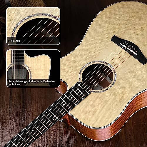 Rosen N10 Akustik Gitar Acemi Yetişkinler İçin Full Size Dreadnought Masif Ladin Üst Acustica Guitarra Paketi Gig Çantası Tuner Kayış Telleri Capo Telleri Temizlik Bezi, Doğal - 5