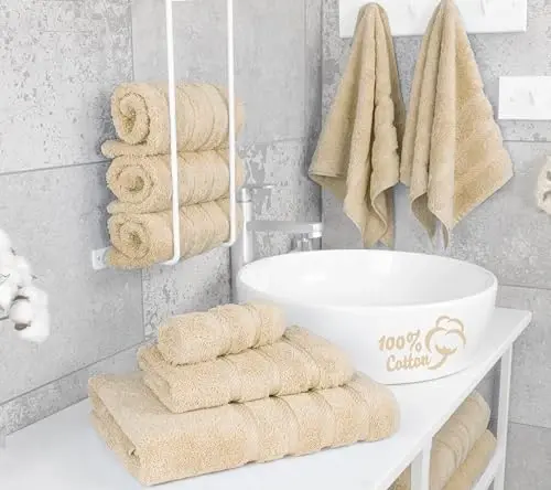 Роскошный набор из 6 полотенец American Soft Linen, 2 банных полотенца, 2 полотенца для рук, 2 салфетки, 600 GSM 100% хлопок, турецкие полотенца для ванной, бежевые наборы полотенец - 2